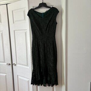 Dark Green Medium V-Neck Cap Sleeve Lace Ruffle Trim Dress
